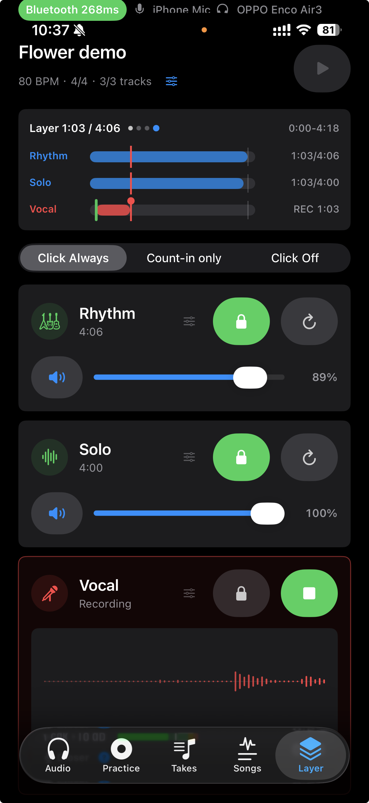 TakeOne Layer screen recording the vocal track while hearing both rhythm and solo through Bluetooth headphones