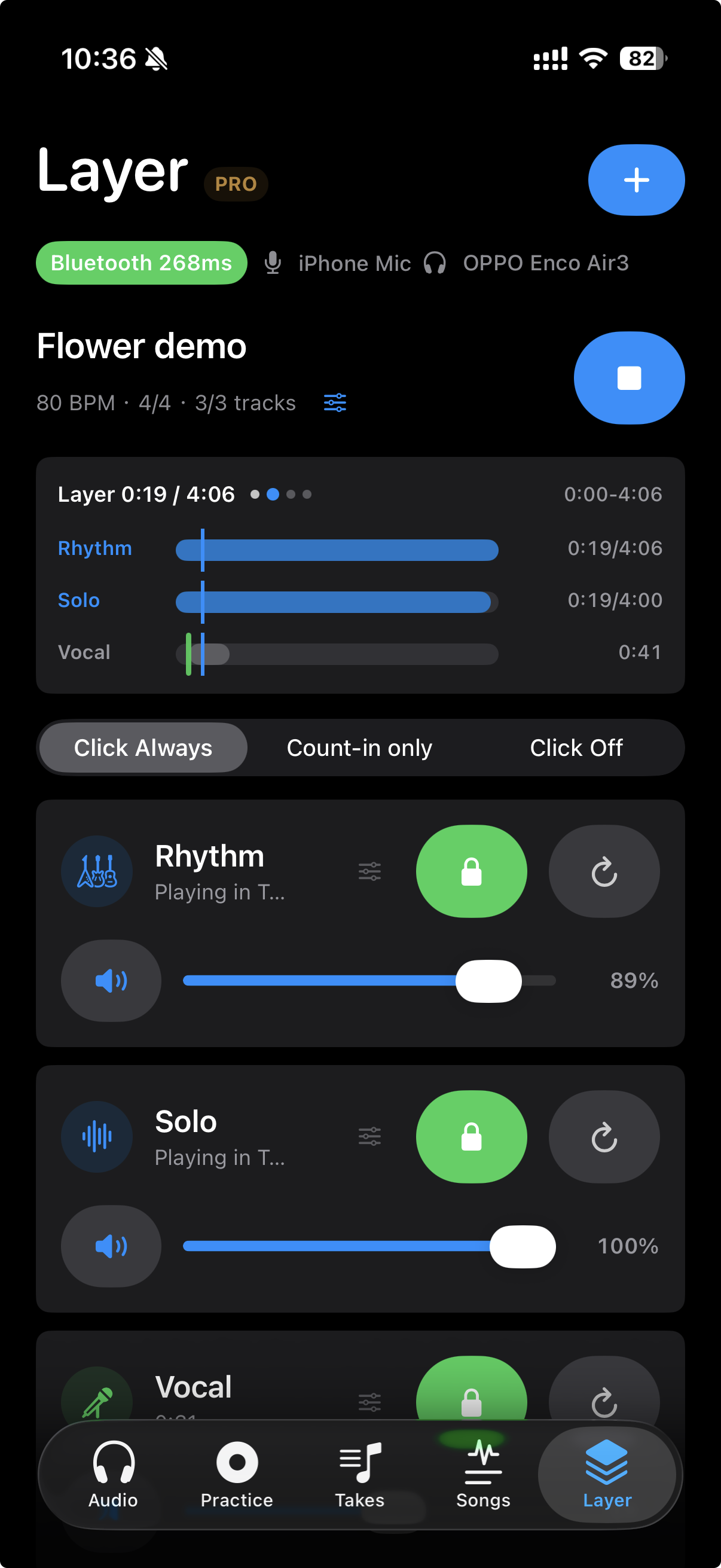 TakeOne Layer screen showing all three tracks recorded and ready for export