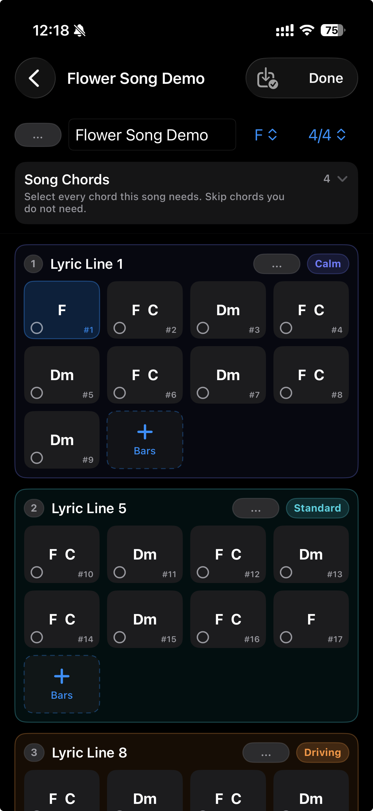 TakeOne Song Sketch editing interface showing chord input, key, and tempo settings for a song.