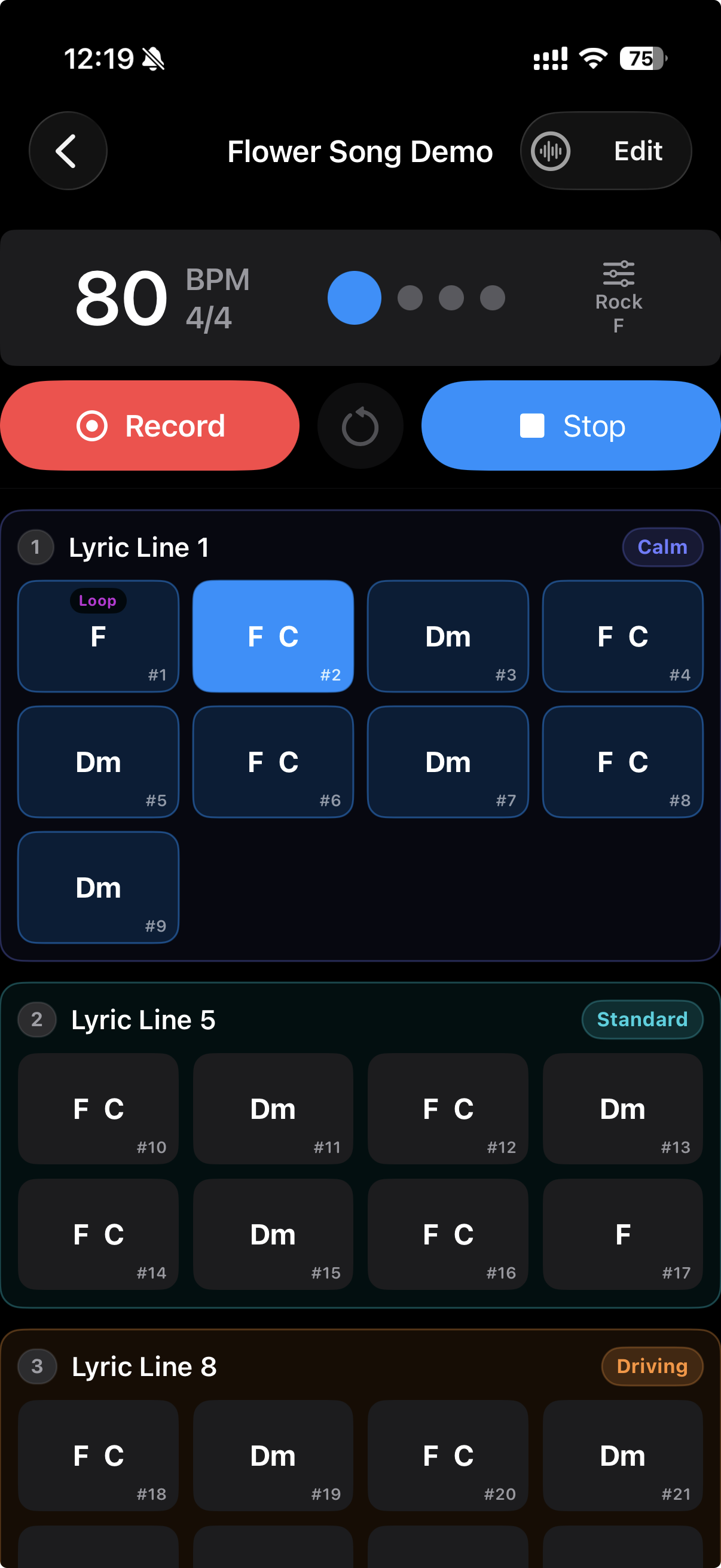 TakeOne Loop Practice screen showing section loop controls for repeating specific parts during practice.