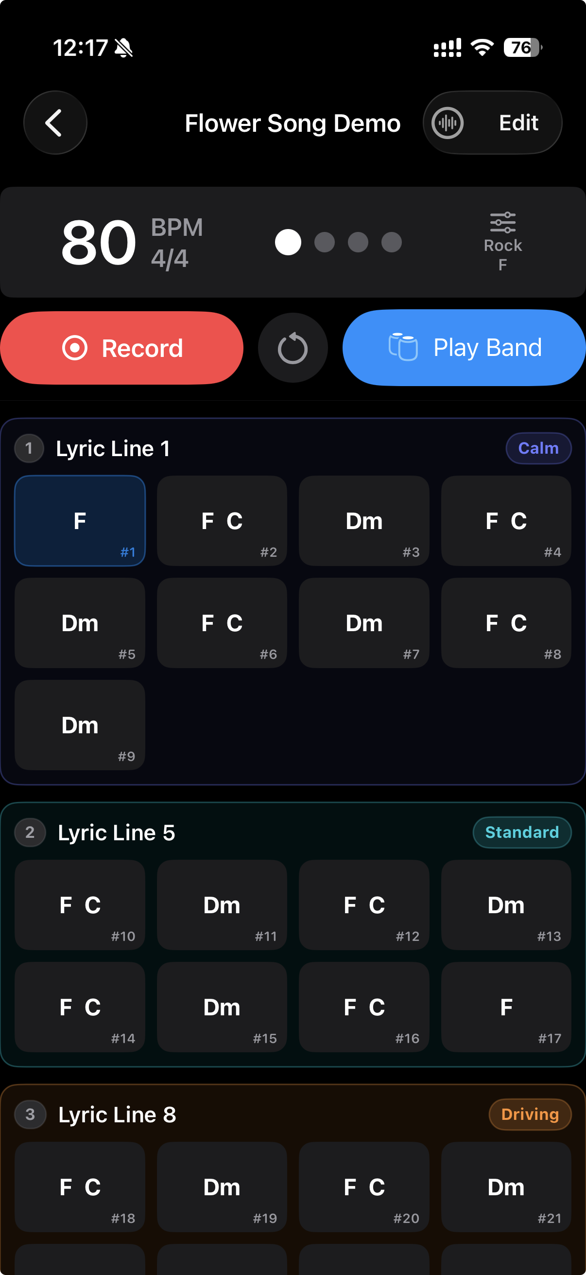 TakeOne Practice Read screen showing song chords scrolling alongside the practice session with the band playing.